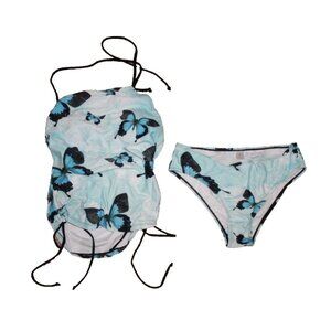 Women's Tankini Swimsuit Top & Bottoms Swim Blue Butterfly Tie-Neck Size S NEW